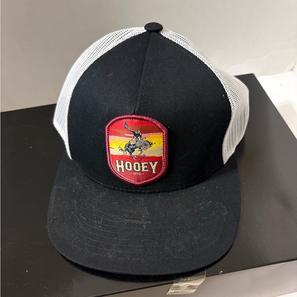 Hooey Black & White Mesh Trucker Hat with Red Western Cowboy Patch